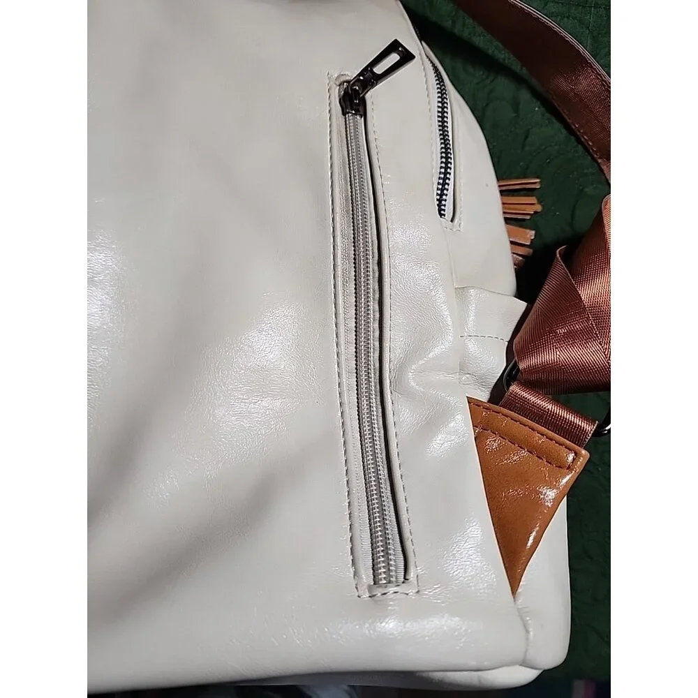 Leather Travel Backpack 2 Toned Tassel Opage No Shoulder Strap School Work Vacat
